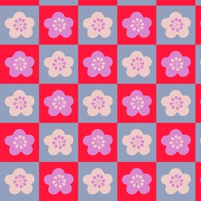 Sakura Checkerboard Japanese Cherry Blossom Flowers Square Geometric Checkered Grid in Red Lavender Purple Powder Blue Cream -SMALL Scale - UnBlink Studio by Jackie Tahara