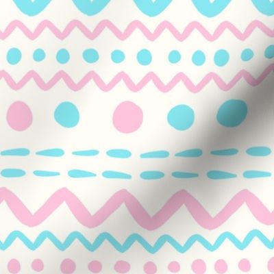 Bigger Scale ZigZag Stripes and Dots Aqua Blue and Pale Pink on Antique White
