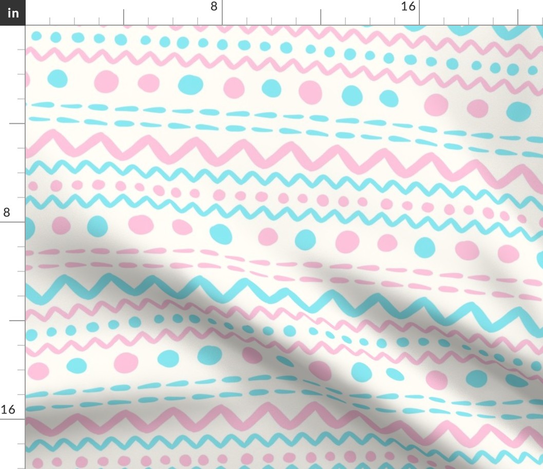 Bigger Scale ZigZag Stripes and Dots Aqua Blue and Pale Pink on Antique White