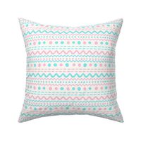 Smaller Scale ZigZag Stripes and Dots Aqua Blue and Pale Pink on Antique White