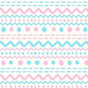 Smaller Scale ZigZag Stripes and Dots Aqua Blue and Pale Pink on Antique White