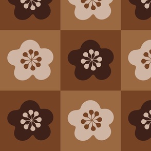 Sakura Checkerboard Japanese Cherry Blossom Flowers Square Geometric Checkered Grid in Brown Beige Tan Earth Tones - MEDIUM Scale - UnBlink Studio by Jackie Tahara