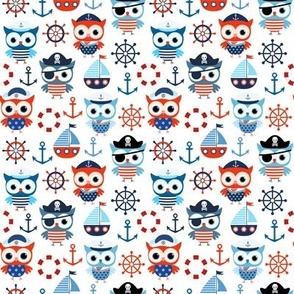 Nautical design with cute sailor and pirate owls and boats in red and blue