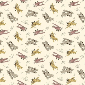 Roaring Art Deco Bi-planes - retro red, khaki brown, and mustard yellow on cream - medium scale airplanes