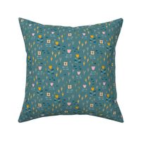 Meadow with florals in a garden with tulips and bird prints in soft teals, pink, yellow, beige // Small