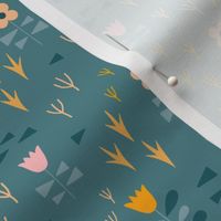 Meadow with florals in a garden with tulips and bird prints in soft teals, pink, yellow, beige // Small