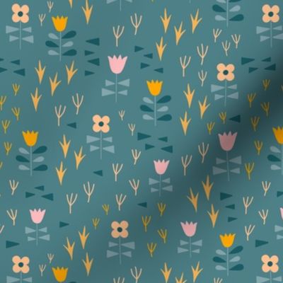 Meadow with florals in a garden with tulips and bird prints in soft teals, pink, yellow, beige // Small
