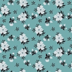 Turquoise fabric  and  light ivory flowers