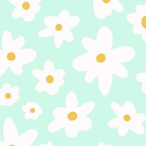 Large Spring white, yellow daisy florals on mint green 