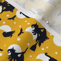 Small // Halloween Witchy Familiars: Flying Witches, Cats, Ravens, Bats, Moons - Yellow