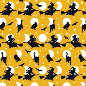 Small // Halloween Witchy Familiars: Flying Witches, Cats, Ravens, Bats, Moons - Yellow