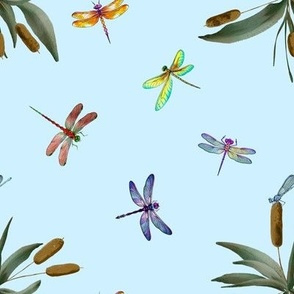 Dragonflies on Cattails 1 Blue