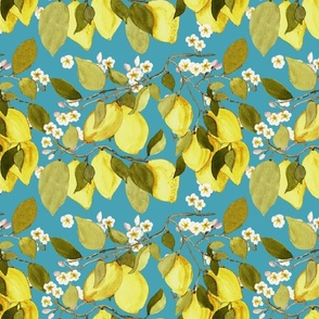 Italian Lemons And Flowers On Aqua Background Watercolor
