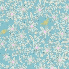 Large Bees and Blooms Floral Block Print on Soft Teal 