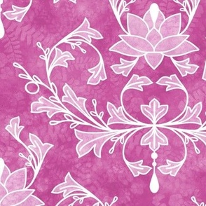 Lotus and Leaves Damask on Berry Pink