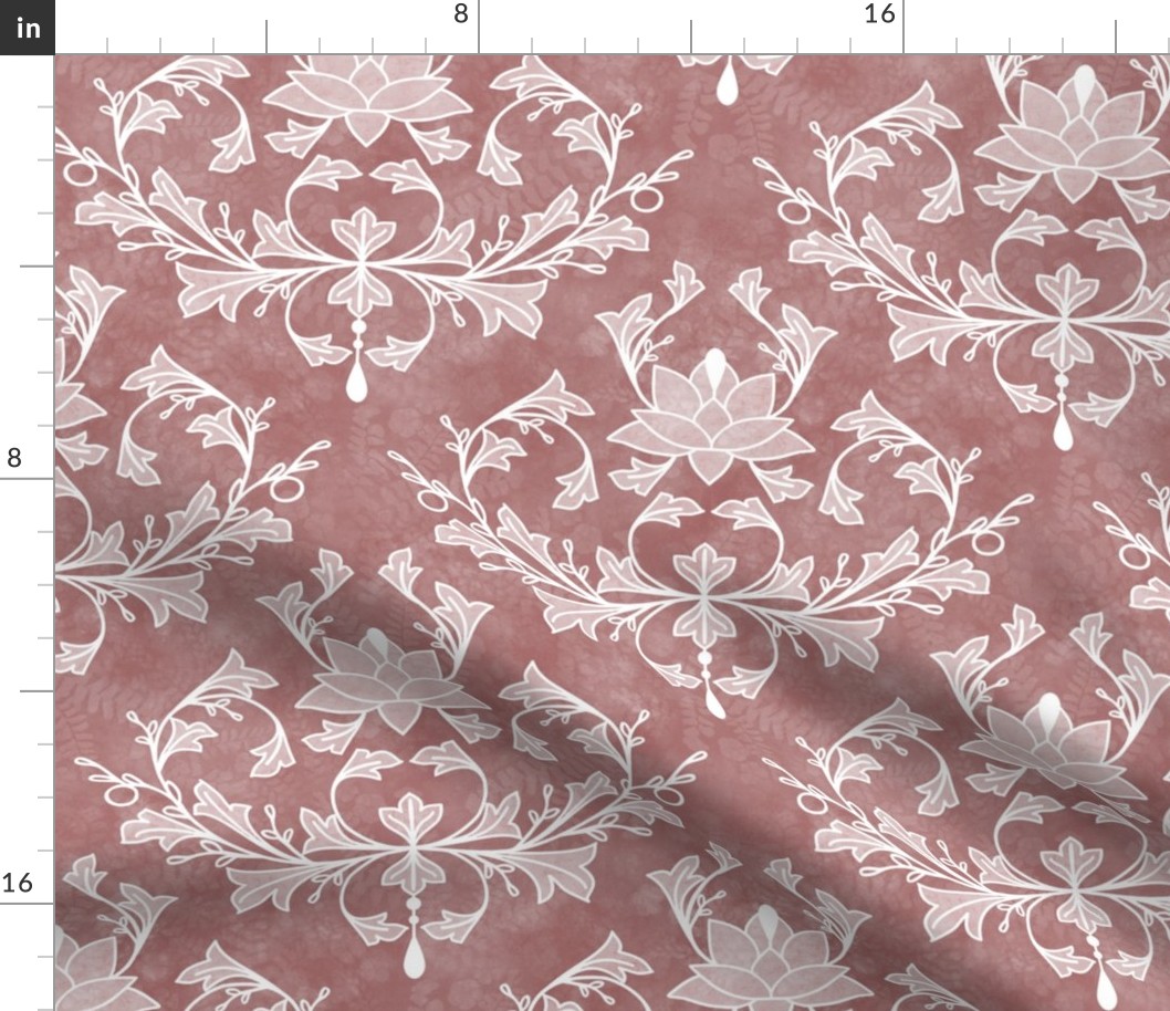 Lotus and Leaves Damask on Dusty Rose