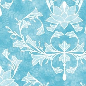 Lotus and Leaves Damask on Light Caribbean