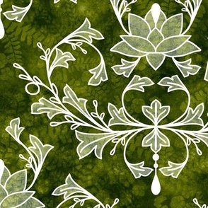Lotus and Leaves Damask on Dark Moss Green