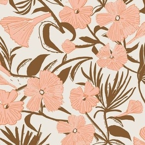 Victorian Elegance: Peach Pink Florals with Long Brown Stems on a Cream 