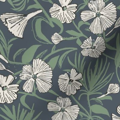 Victorian Elegance: Cream Florals with Long Green Stems on a dark blue Background