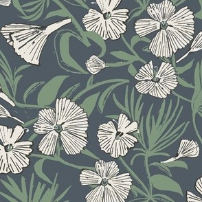 Victorian Elegance: Cream Florals with Long Green Stems on a dark blue Background