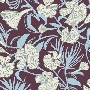 Victorian Elegance: Cream Florals with Light blue Stems on Maroon