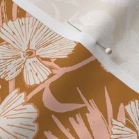 Victorian Elegance: Cream Floral Motifs with Long Peach Stems on Sandy Brown Background
