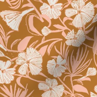 Victorian Elegance: Cream Floral Motifs with Long Peach Stems on Sandy Brown Background