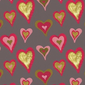 Valentine Hearts Pattern - Red PInk Gold on Dark Gray - Large