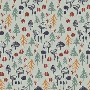 Woodland, 8 inch, forest, hiking, camping, mushroom, retro, tea towel, sage, brown