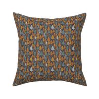 small fall woodland forest on dark blue black with yellow, orange and sage green trees. for baby boy, boys apparel and kids