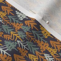 small fall woodland forest on dark blue black with yellow, orange and sage green trees. for baby boy, boys apparel and kids