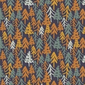 small fall woodland forest on dark blue black with yellow, orange and sage green trees. for baby boy, boys apparel and kids