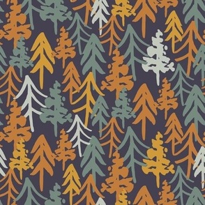 medium fall woodland forest on dark blue black with yellow, orange and sage green trees. for baby boy, boys apparel and kids