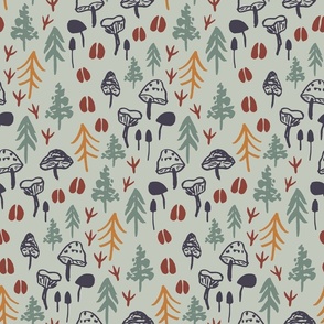 20 inch extra large woodland on light sage green grey with hand drawn pine trees, mushrooms and bird prints. 