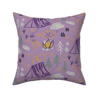 Large Woodland camping on purple with hand drawn tents, pine trees, campfire and footprints.