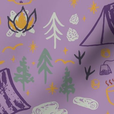 Large Woodland camping on purple with hand drawn tents, pine trees, campfire and footprints.