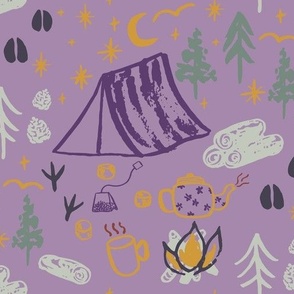 Large Woodland camping on purple with hand drawn tents, pine trees, campfire and footprints.