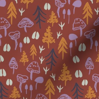 Woodland, 20 inch, forest, hiking, camping, mushroom, retro, tea towel, brown