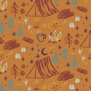 Medium Woodland camping on yellow with hand drawn tents, pine trees, campfire and footprints