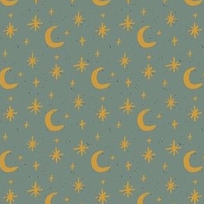 small yellow stars and moon on a sage green base. Night sky for kids pyjamas, outdoor goods and camping