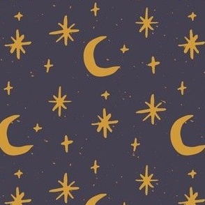 medium yellow stars and moon on a dark blue black base. Night sky for kids pyjamas, outdoor goods and camping