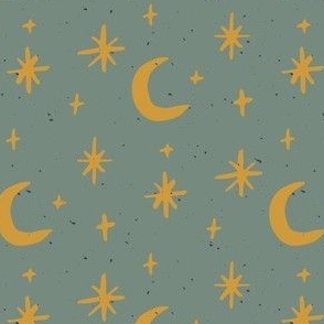 medium yellow stars and moon on a sage green base. Night sky for kids pyjamas, outdoor goods and camping