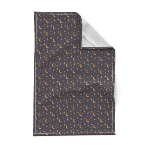 small yellow stars and moon on a dark blue black base. Night sky for kids pyjamas, outdoor goods and camping