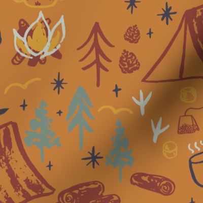 Large Woodland camping on yellow with hand drawn tents, pine trees, campfire and footprints