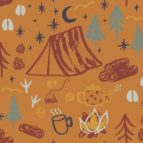 Large Woodland camping on yellow with hand drawn tents, pine trees, campfire and footprints