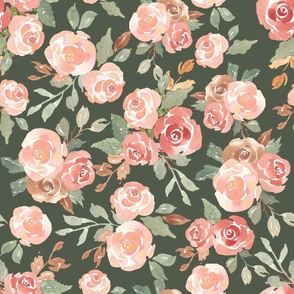 Watercolor fall floral on forest green with painterly peach pink roses - dark green wallpaper