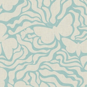 Leaves and Butterflies - Aqua Blue and Cream Shades / Large