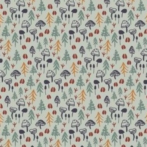 woodland on light sage green grey with hand drawn pine trees, mushrooms and bird prints. Outdoor fall design for baby boy, boy nursery and boys clothing