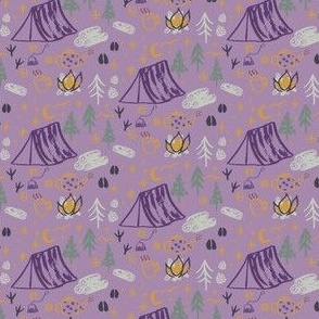Small Woodland camping on purple with hand drawn tents, pine trees, campfire and footprints, for kids clothing and outdoor wear